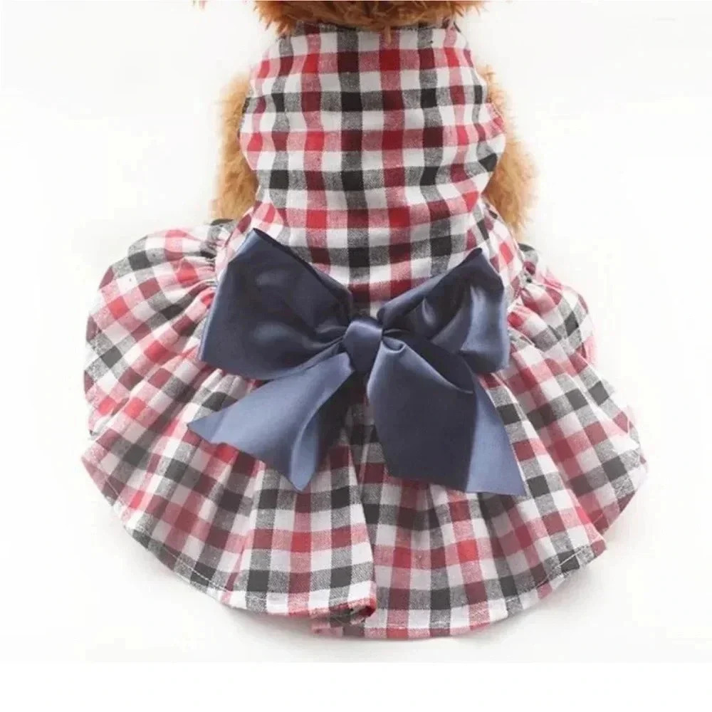 HOLIDAY DOG DRESS BUFFALO PLAID RUFFLE HEM W BIG BOW & GEMSTONE FOR SMALL DOG - Picture 12 of 12